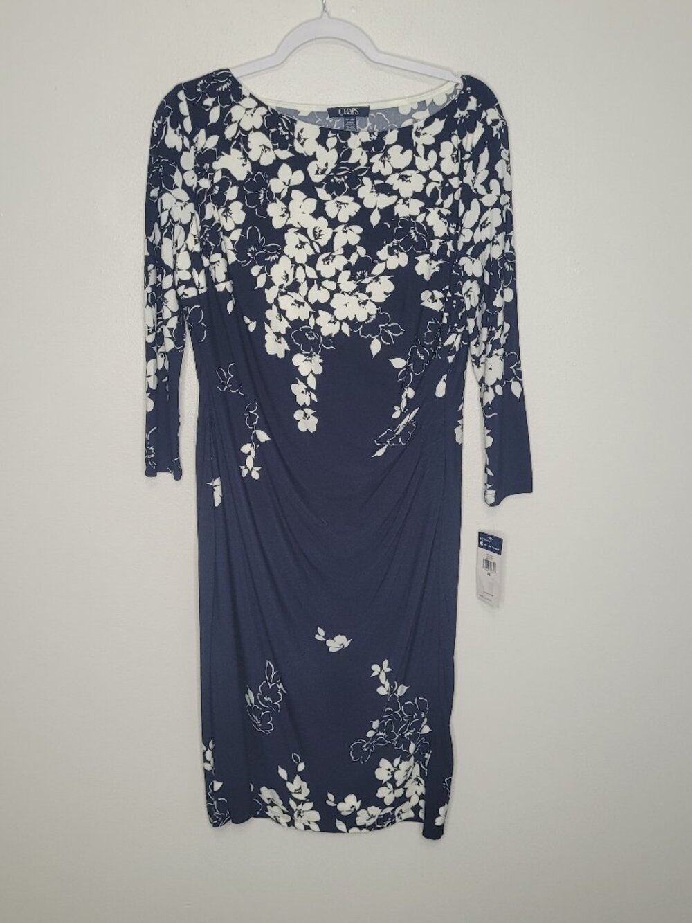 Chaps navy blue white flower print ruched flattering stretch 3/4 sleeve dress xl